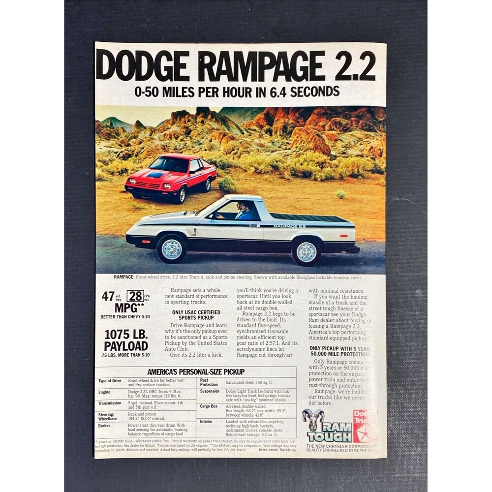 Dodge Rampage 2.2 "0-50 MPH In 6.4 Seconds" Vintage Print Ad 1982 - Picture 3 of 3